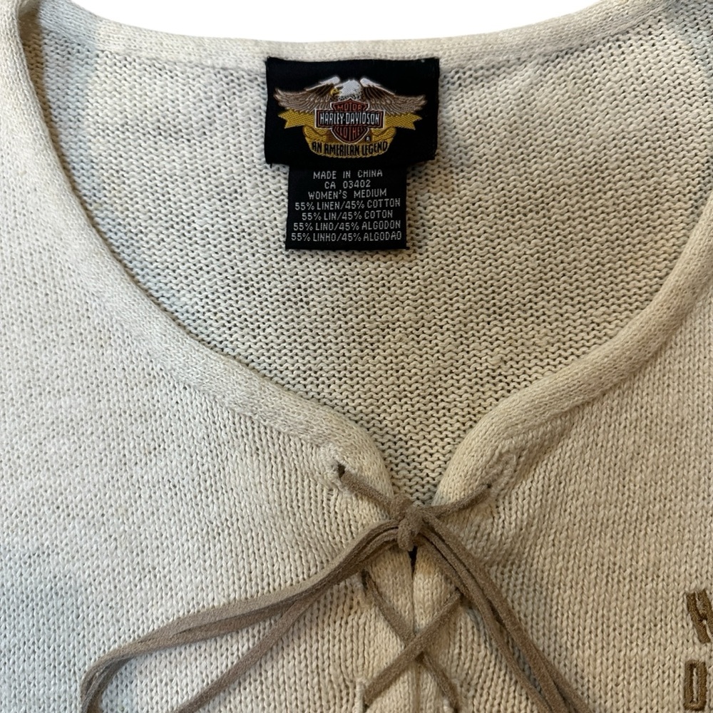 Vintage Harley Davidson Vneck Leather Tie Sweater Tank Ivory Medium - Picture 3 of 6